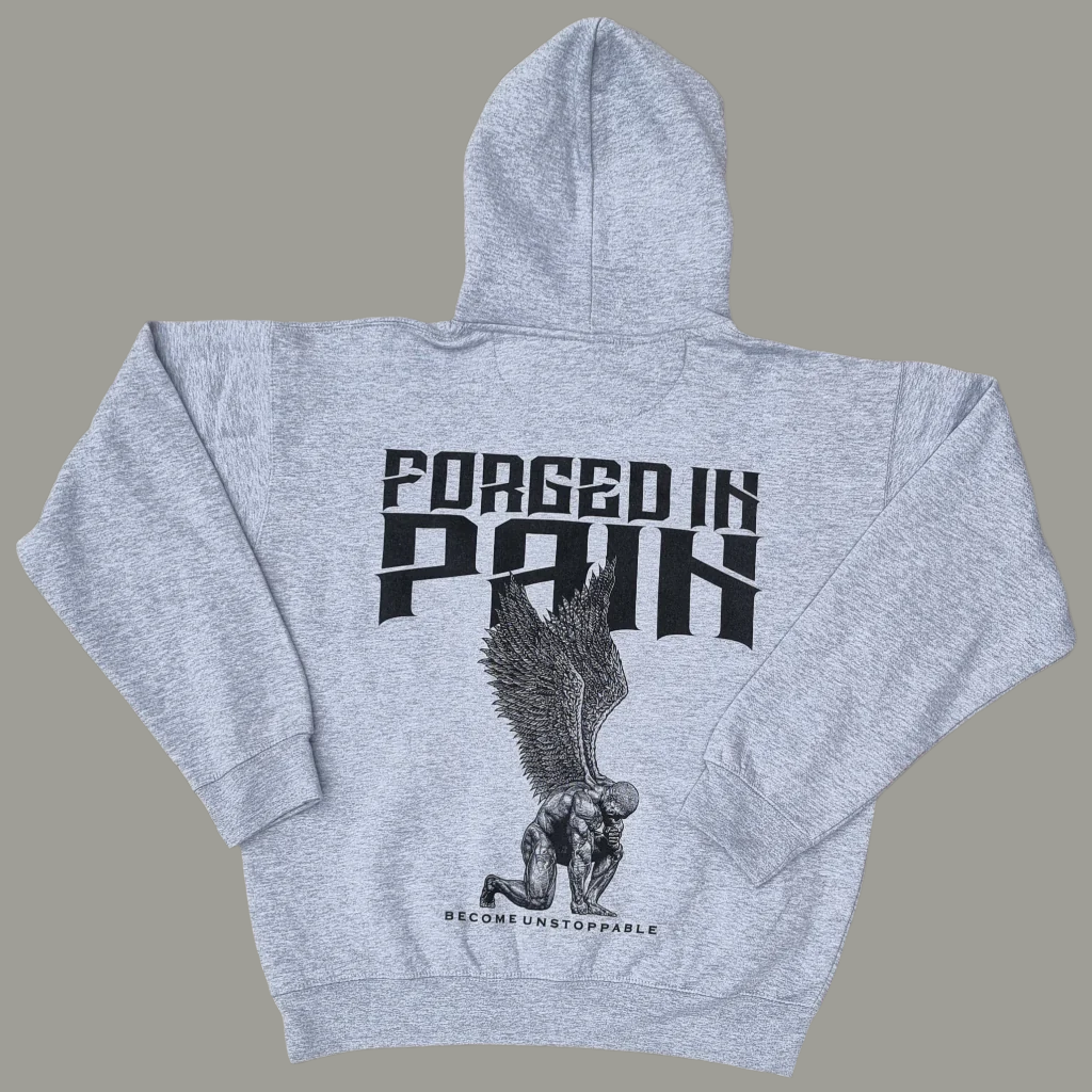 "FORGED IN PAIN" - Premium Grey Hoodie with Navy Hood
