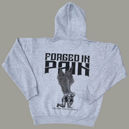 "FORGED IN PAIN" - Premium Grey Hoodie with Navy Hood