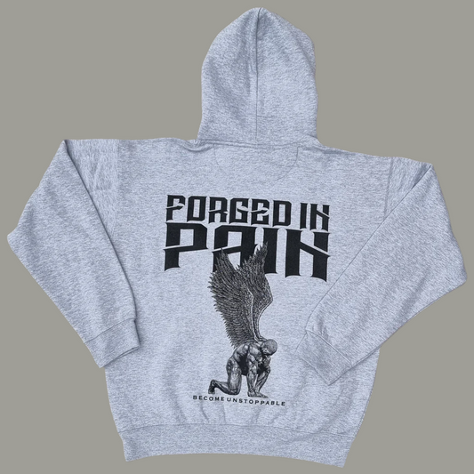 "FORGED IN PAIN" - Premium Grey Hoodie with Navy Hood