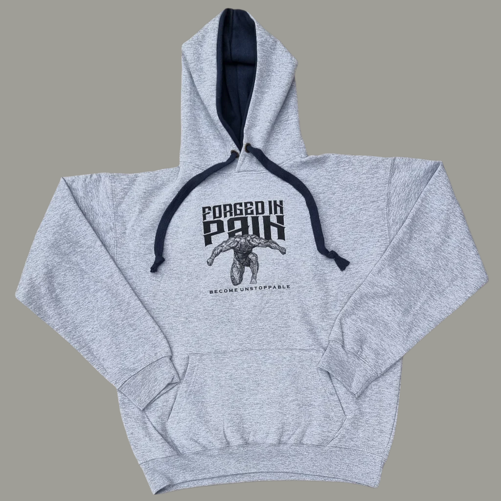 "FORGED IN PAIN" - Premium Grey Hoodie with Navy Hood
