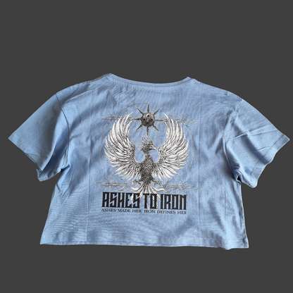 ASHES TO IRON WOMENS BLUE OVERSIZE CROP T-SHIRT
