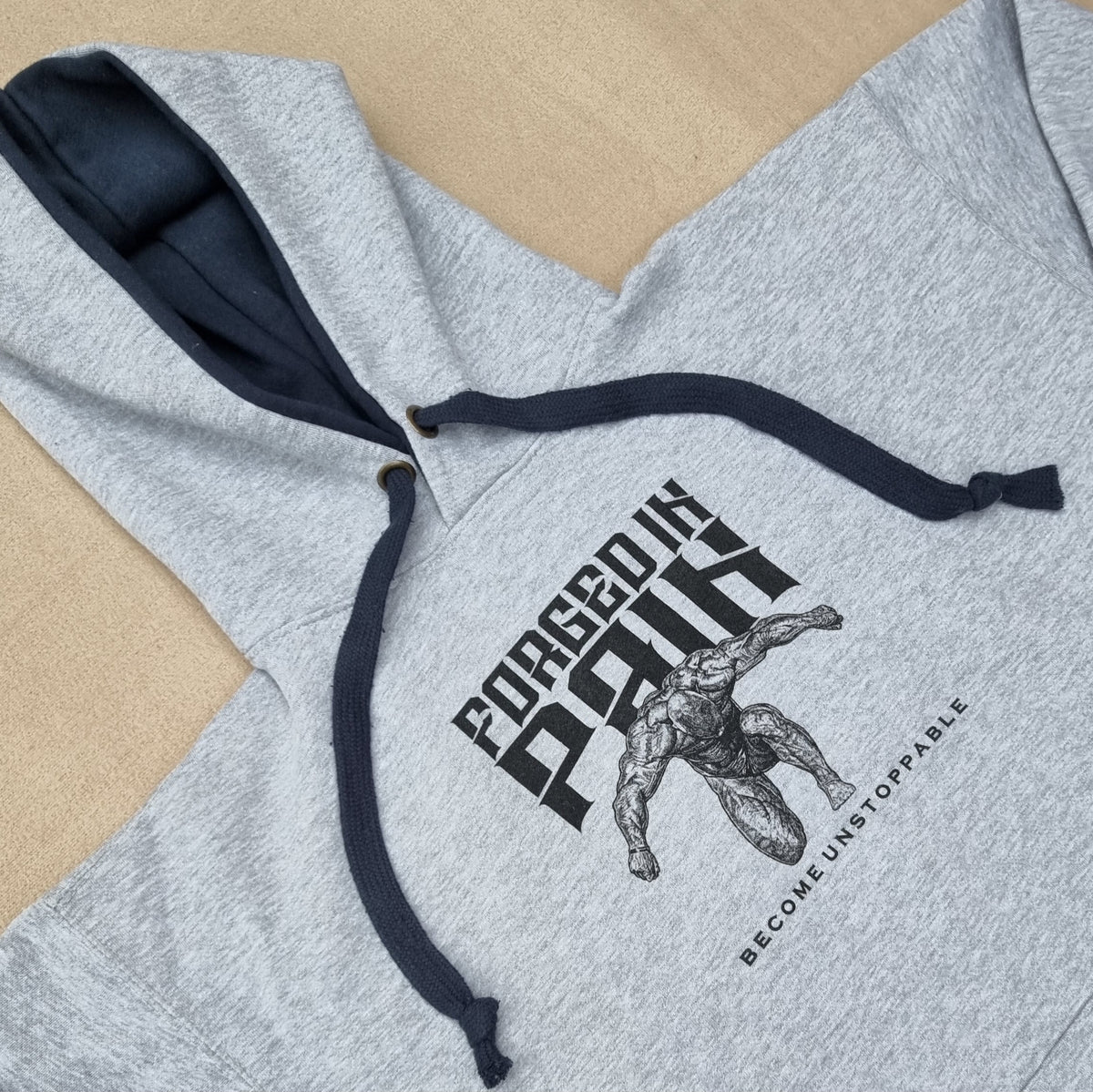 "FORGED IN PAIN" - Premium Grey Hoodie with Navy Hood