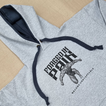 "FORGED IN PAIN" - Premium Grey Hoodie with Navy Hood