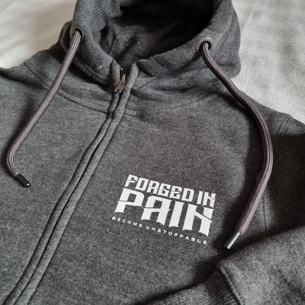 Charcoal Ultimate Supersoft "FORGED IN PAIN" - Zip through Hoodie