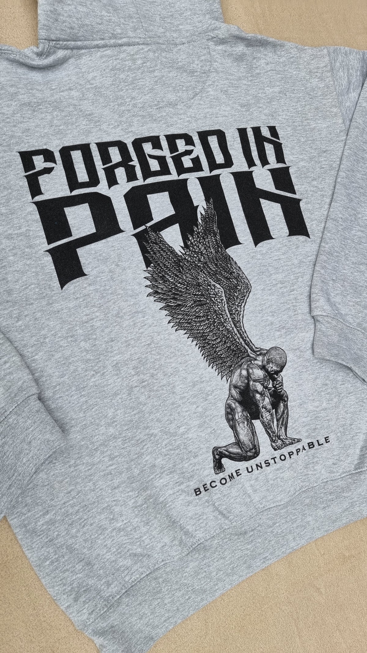 "FORGED IN PAIN" - Premium Grey Hoodie with Navy Hood