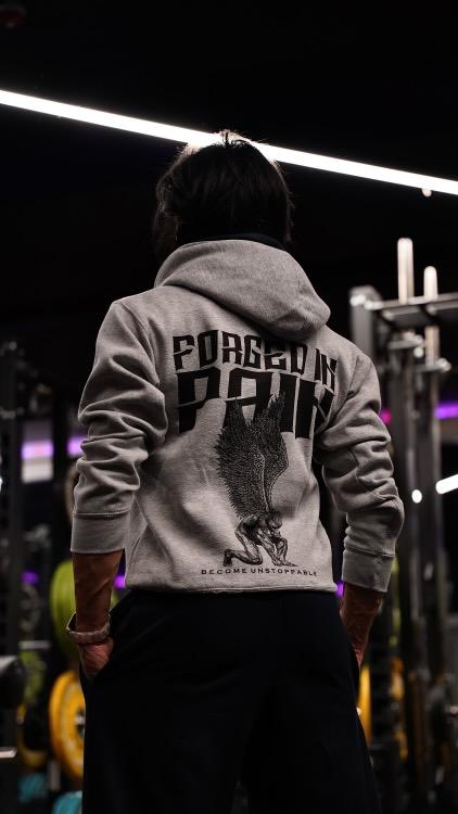 "FORGED IN PAIN" - Premium Grey Hoodie with Navy Hood